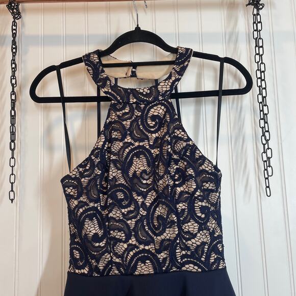 B Darlin Navy Blue Lace Strappy Halter Glitter Fit & Flare Dress Junior's 7/8 - Picture 4 of 9